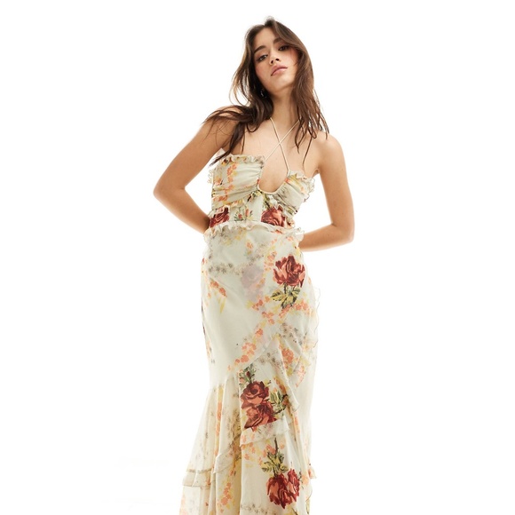 ASOS DESIGN halter ruffle maxi dress with high low hem in cream floral print - Picture 1 of 4